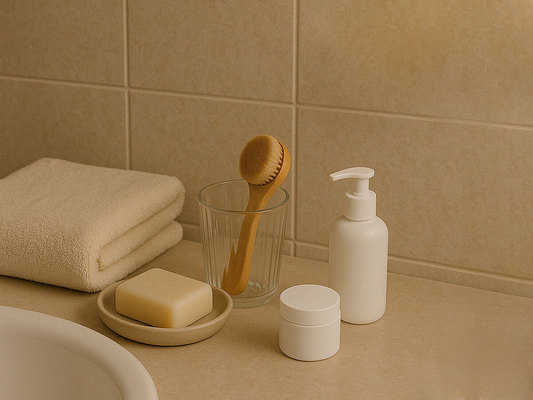 Minimalist bathroom setup with folded towels, a wooden facial brush in a glass, bar soap on a dish, and white skincare containers on a beige countertop.