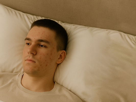 Young man with acne-prone skin lying on a smooth cream-colored pillowcase, looking calm and thoughtful.