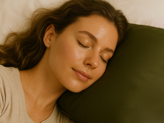 Woman with glowing, dewy skin sleeping peacefully on a dark green vegan silk pillowcase.