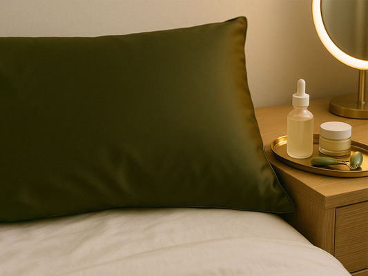 Dark green vegan silk pillowcase on a bed beside a wooden nightstand with skincare products, a jade roller, and a round lighted mirror.