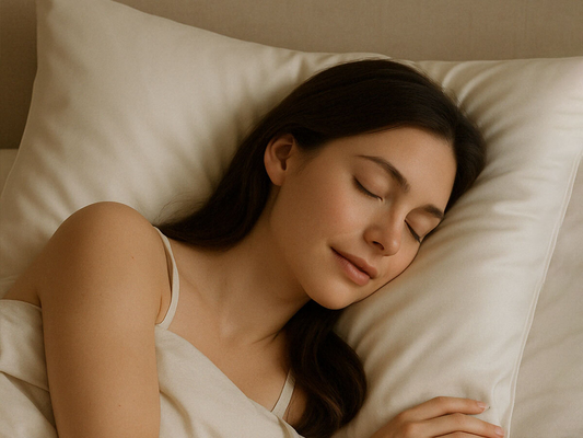 Woman sleeping peacefully on a cream-colored vegan silk pillowcase with smooth, glowing skin.